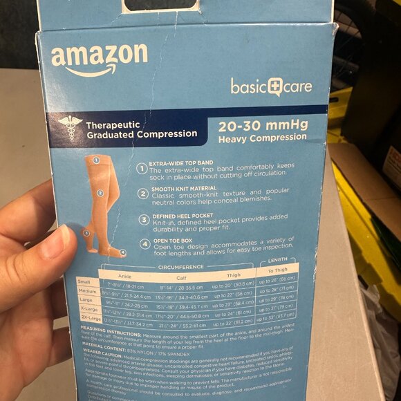 Amazon Medical Compression Stockings 20 - 30 mmHg Beige Thigh High Open Toe Size - Picture 2 of 3